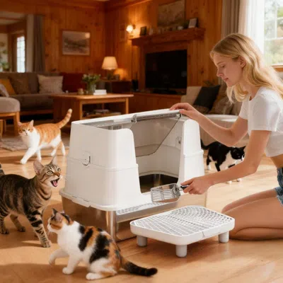 Maison Boucle Stainless Steel Cat Litter Box With Flip Top For Large Cats In White