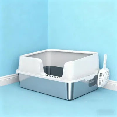 Maison Boucle Stainless Steel Cat Litter Box With High Side, Scoop For Large Cats In White