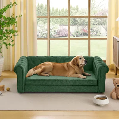 Maison Boucle Tufted Linen Pet Couch,55'' Oversized Dog Sofa Bed With Elevated Design -  In Green