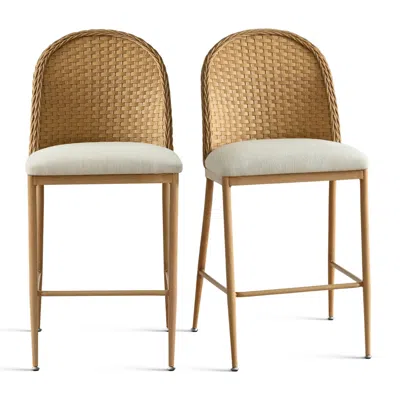 Maison Boucle Upholstered Rattan Counter Height Stools With Backs In Brown