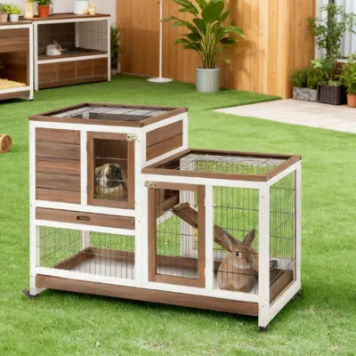 Maison Boucle Wooden Rabbit Hutch With Wheels For Indoor And Outdoor Small Rabbits In Brown