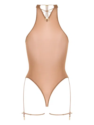 Maison Close French Kiss Light Halter-neck Thong Bodysuit In Brown