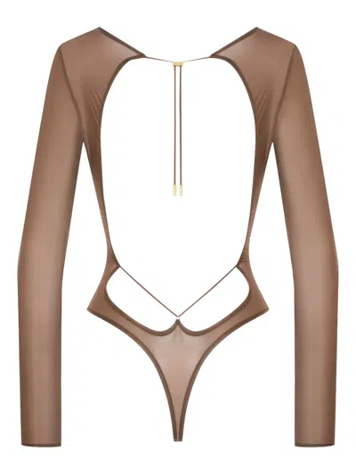 Maison Close French Kiss Light Open-back Long-sleeve Bodysuit In Brown