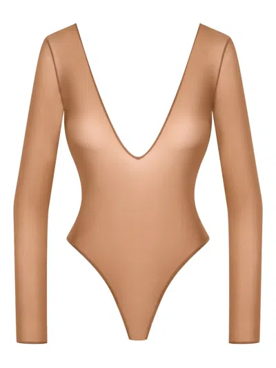Maison Close French Kiss Light Open-back Long-sleeve Bodysuit In Brown