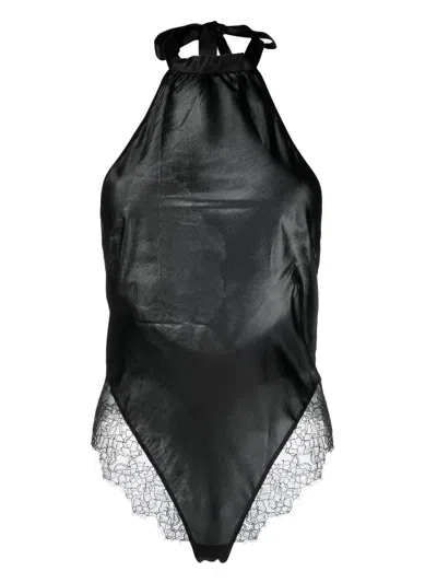 Maison Close Lace-trim Silk Bodysuit In Black