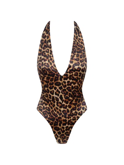 Maison Close Leopard-print Halterneck Swimsuit In Brown