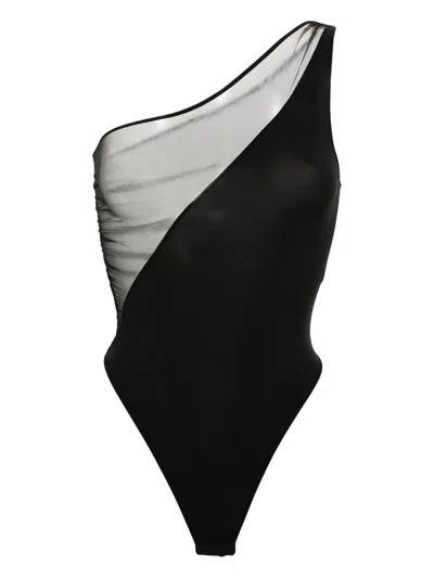 Maison Close One-shoulder Mesh-panelled Bodysuit In Noir/black