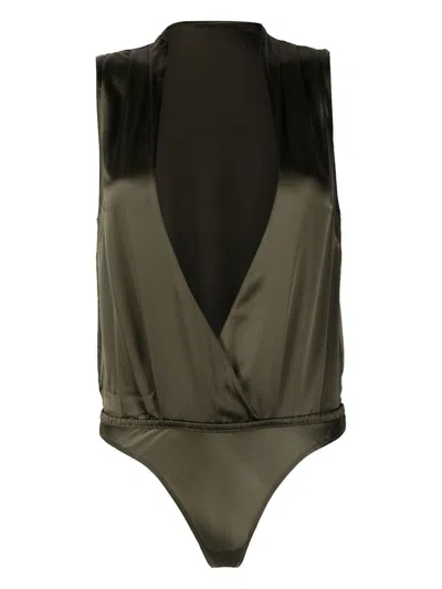 Maison Close Silk Plunge V-neck Bodysuit In Green