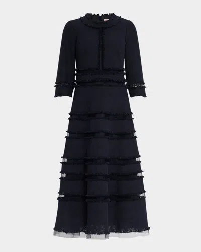 Maison Common 3/4-sleeve Fringed Tulle-inset Midi Dress In Blue