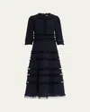 Maison Common 3/4-sleeve Fringed Tulle-inset Midi Dress In Black