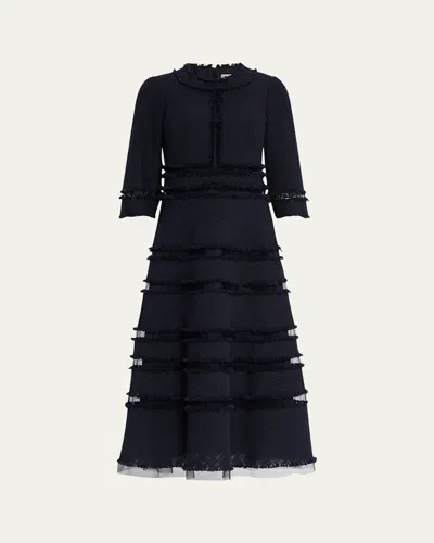 Maison Common 3/4-sleeve Fringed Tulle-inset Midi Dress In Black