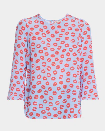 Maison Common 3/4-sleeve Lip-print Silk Blouse In Blue