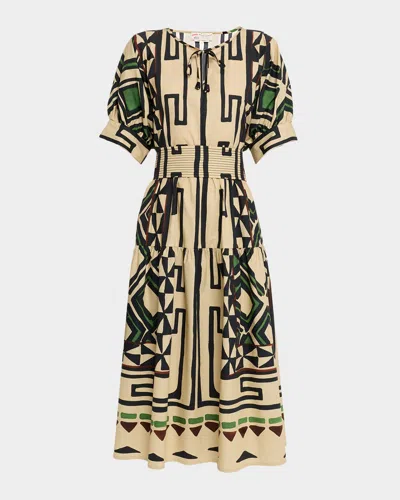 Maison Common Abstract Cotton Short-sleeve Midi Dress In Brown