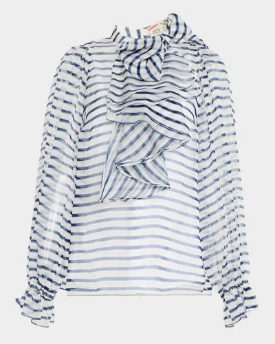 Maison Common Bow-neck Ruffle Striped Organza Blouse With Tank In Dark Blue