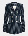 Maison Common Chain Pinstriped Linen-blend Double-breasted Jacket In Navy