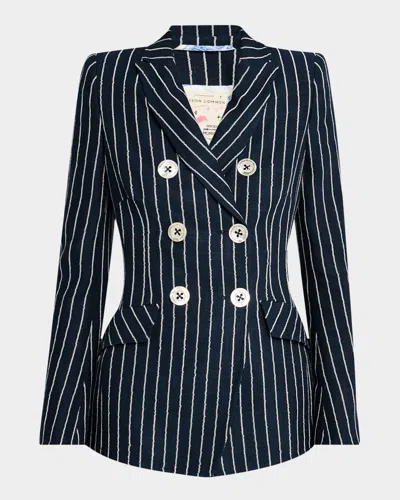 Maison Common Chain Pinstriped Linen-blend Double-breasted Jacket In Navy