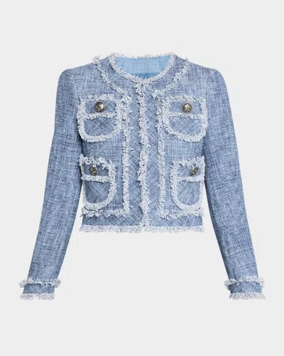 Maison Common Cotton-blend Short Jacket With Fringe Trim In Blue