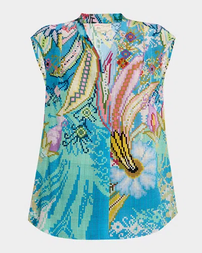 Maison Common Digital-print V-neck Cap-sleeve Silk Blouse In Light Blue