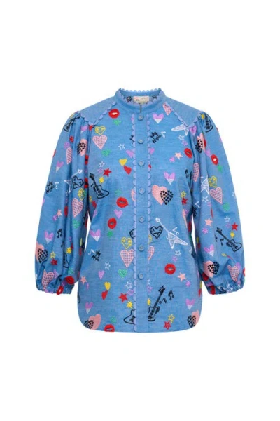 Maison Common Embroidered Blouse With Ballon Sleeves In Blue