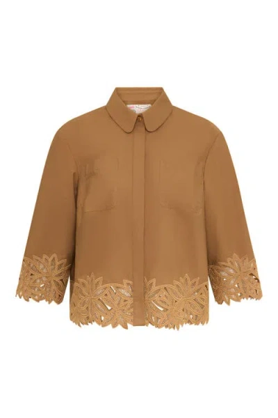 Maison Common Embroidered Cotton Blouse With Patch Pockets In Brown