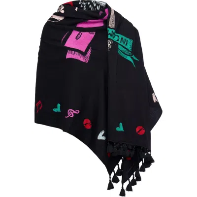 Maison Common Embroidered Scarf With Tassels In Black