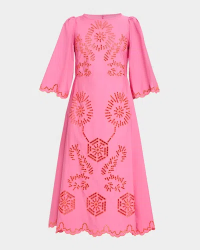Maison Common Eyelet Embroidered Cotton 3/4-sleeve Midi Dress In Pink