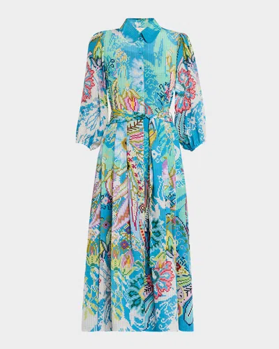Maison Common Floral Digital-print Puff-sleeve Midi Shirtdress With Belt In Light Blue