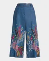 Maison Common Floral Emboridered Chambray Wide-leg Cropped Pants In Medium Blue