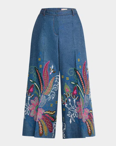 Maison Common Floral Emboridered Chambray Wide-leg Cropped Pants In Medium Blue