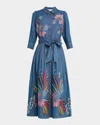 Maison Common Floral Embroidered Belted Chambray Midi Shirtdress In Medium Blue