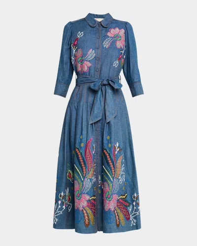 Maison Common Floral Embroidered Belted Chambray Midi Shirtdress In Medium Blue