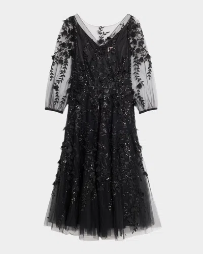 Maison Common Floral Embroidered Tulle Illusion Midi Dress In Blue