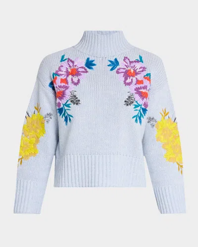 Maison Common Floral Embroidered Wool-cashmere Turtleneck Sweater In Blue