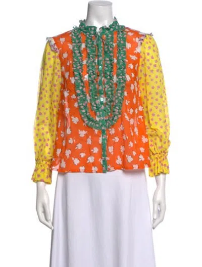 Pre-owned Maison Common Floral Print Tie Neck Blouse In Orange