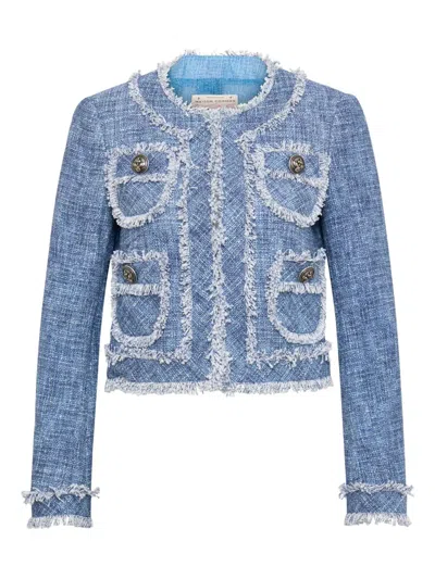Maison Common Frayed Tweed Jacket In Blue