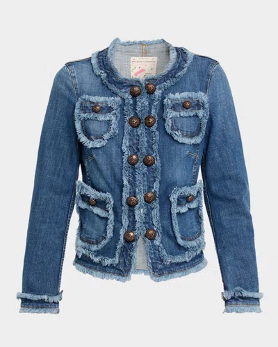 Maison Common Fringed Cotton-stretch Denim Jacket In Blue
