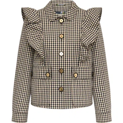 Maison Common Gingham Outdoor Jacket With Ruffles In Brown