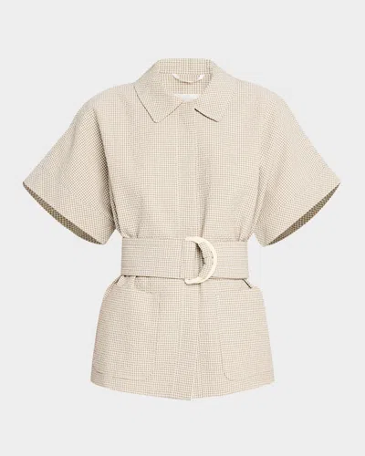 Maison Common Gingham Seersucker Short-sleeve Jacket With Belt In Medium Beige