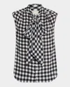 Maison Common Gingham Silk Sleeveless Neck-tie Blouse In Black