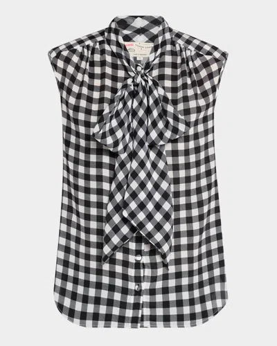 Maison Common Gingham Silk Sleeveless Neck-tie Blouse In Black