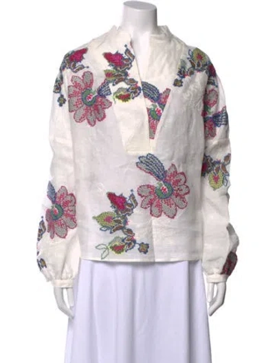 Pre-owned Maison Common Linen Floral Print Top In White