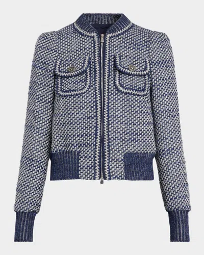 Maison Common Metallic Tweed Bomber Jacket In Blue