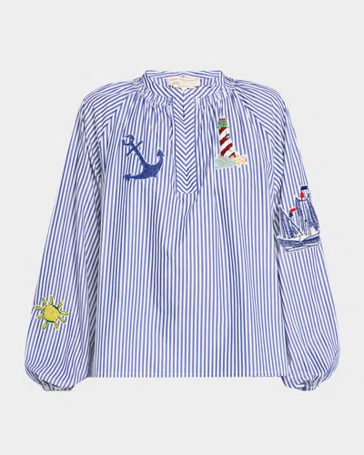 Maison Common Nautical Embroidered Striped Cotton Blouse In Medium Blue