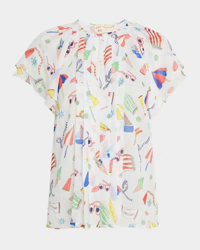Maison Common Nautical-print Flutter Short-sleeve Silk Blouse In Miscellaneous