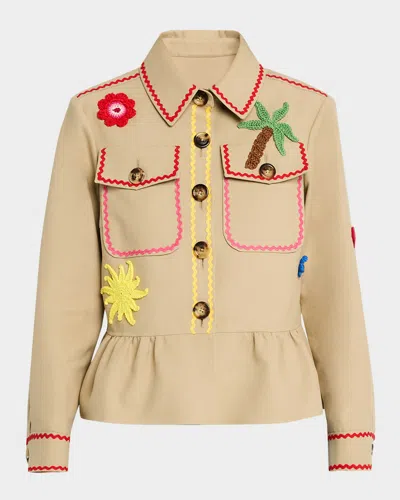 Maison Common Novelty-applique Cotton Shirt Jacket In Medium Beige