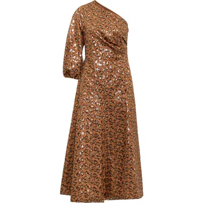 Maison Common One Shoulder Dress With Leopard Sequins In Tobacco