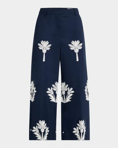 Maison Common Palm-embroidered Cotton Wide-leg Crop Pants In Navy