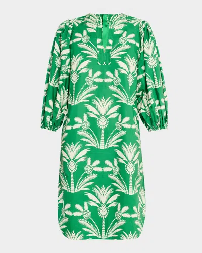 Maison Common Palm Print 3/4-sleeve Cotton Shift Dress In Bright Green