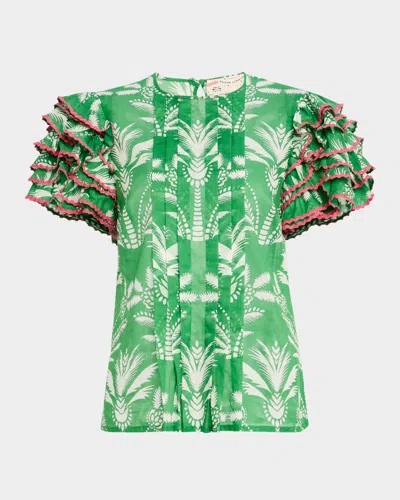 Maison Common Palm-print Cotton Voile Ruffle Short-sleeve Blouse In Bright Green