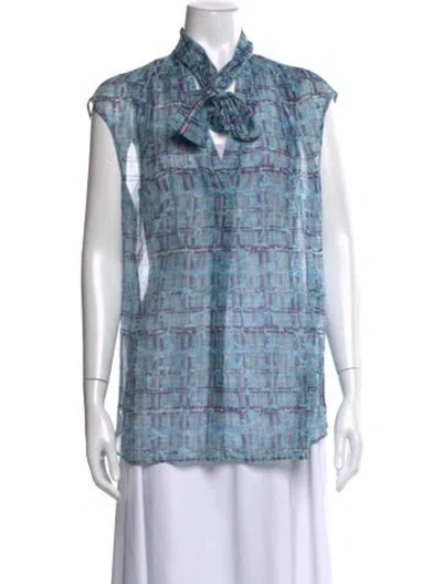 Pre-owned Maison Common Patterned Tie Neck Blouse In Blue